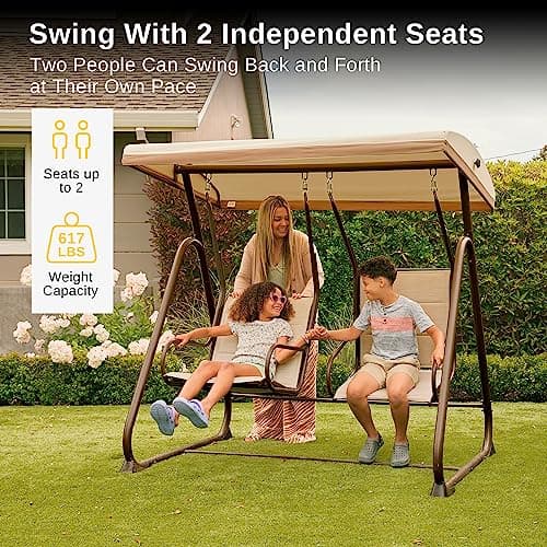 EAST OAK 2-Person Outdoor Porch Swing with Adjustable Canopy, Patio Swing Chair with Comfortable and Breathable Seats, Independent Swing Chairs for Garden, Balcony, Backyard, Chestnut Brown
