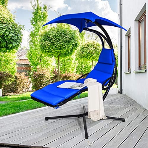 S AFSTAR Hammock Chair with Stand, Hanging Chaise Chair with Removable Canopy & Built-in Pillow, Hanging Curved Chaise Lounge Chair Swing for Porch Patio Poolside (Navy)
