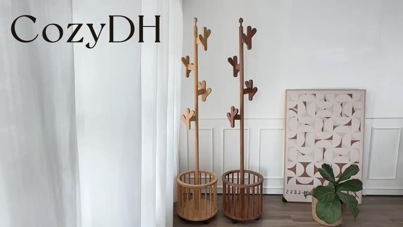 CozyDH Solid Wood Coat Rack Freestanding with Lockable 360° Rotary Casters, Coat Tree Stand with Umbrella Holder & Laundry Basket Storage & 12 Hooks, Walnut