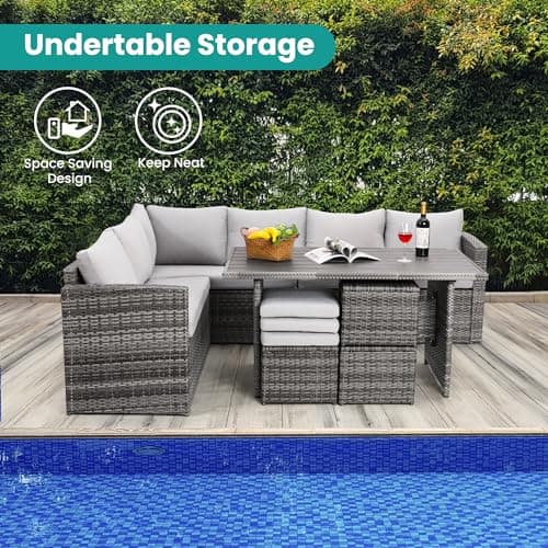 Patio Furniture Set, 7 Pieces Outdoor Patio Furniture with Dining Table&Chair, All Weather Wicker Conversation Set with Ottoman,Grey (Include Sofa Dust Cover)