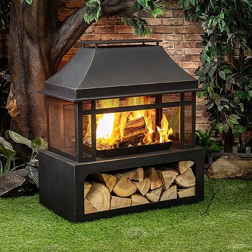 Outdoor Wood Burning Fireplace with Wood Storage and Removable Fire Grill - 40 Inch Large Metal Wicker Base Fire Pit for Patio Garden Deck Backyard, Black