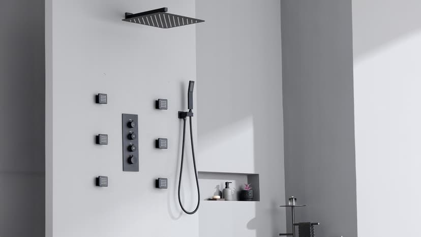 16” Thermostatic Rain Shower System with 6 Body Jets & 16-Inch Rainfall Shower Head, JetsBath Full Body Shower Faucet Sets with Valve & Handheld, Matte Black Luxury Wall Mount Shower Faucet Set