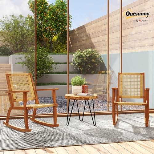 Outsunny Outdoor Rocking Chair Set of 2, Acacia Wood Outdoor Rockers with Armrests, Rattan Wicker Back and Seat, Patio Wooden Rocking Chair Set for Garden, Balcony, Porch, Khaki