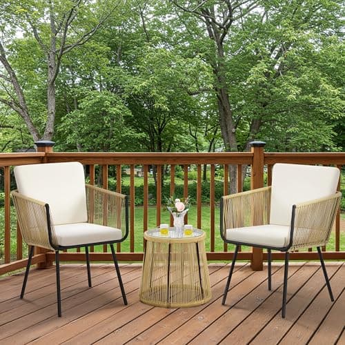 Yaheetech 3 Piece Patio Rattan Bistro Set, Outdoor All Weather PE Wicker Conversation Furniture Set with 2 Chairs & Tempered Glass Top Table & Cushions, for Poolside/Porch/Garden/Yard, Tan/Cream
