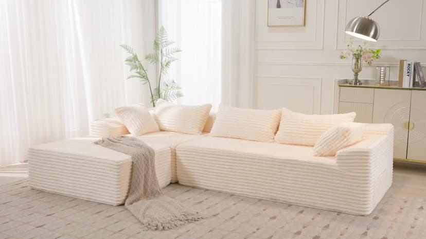 108" Sectional Couches for Living Room, Modular Sectional Sofa with L-Shape Chaise, Cloud Couch, Comfy Corduroy Fluffy Couch with Deep Seat and Side Pockets, No Assembly Required