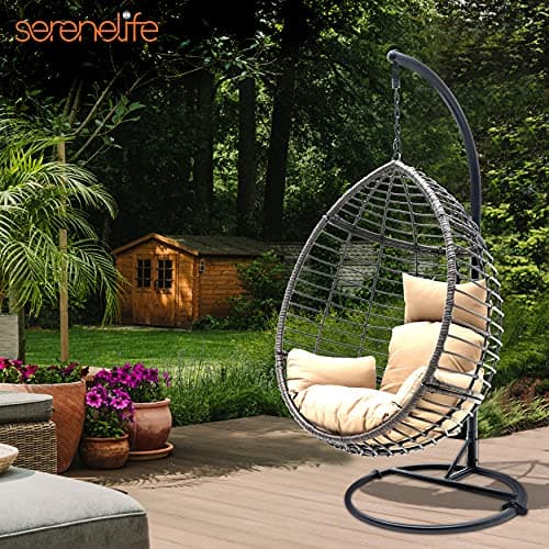 SereneLife Hanging Wicker Egg Swing Chair with Cushions & Stand – Brown Rattan Outdoor/Indoor Chair with 66 lb Capacity, Powder-Coated Steel Frame, Washable Weather-Resistant Cushions