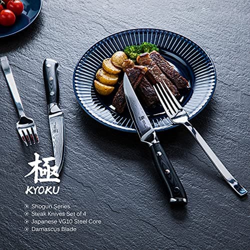KYOKU Damascus Non-Serrated Steak Knives Set of 4 - Shogun Series - Japanese VG10 Steel - with Sheath & Case