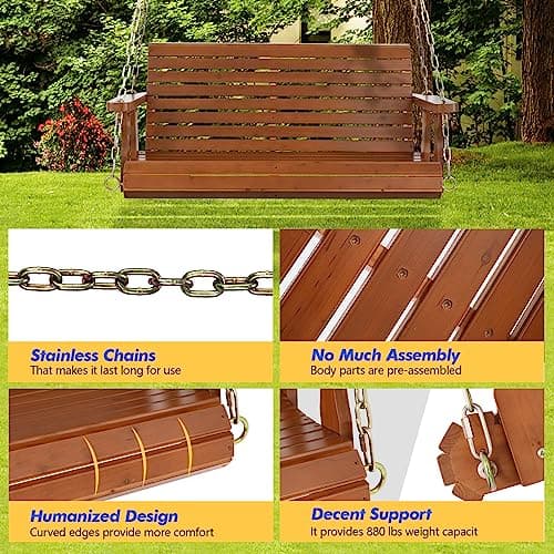 VINGLI Upgraded Patio Wooden Porch Swing for Courtyard & Garden, Heavy Duty 880 LBS Swing Chair Bench with Hanging Chains for Outdoors (Brown, 4 FT)