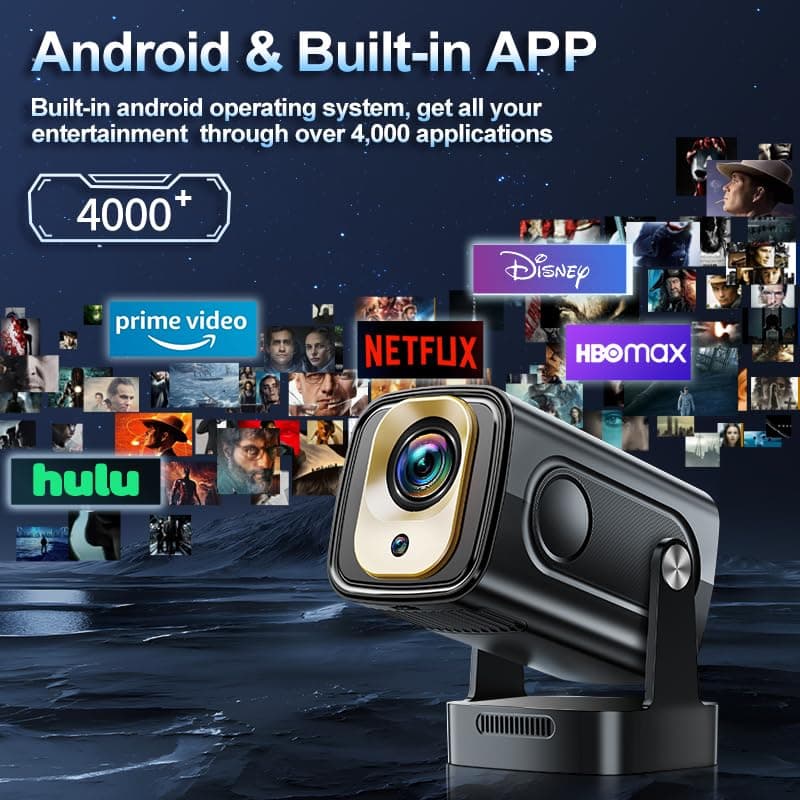 Mini Projector 1080P with WiFi 6 and Bluetooth 5.4, 4K Full HD Projector Features Auto Focus & Keystone, Portable Projector Built-in App Support 270° Rotatable, Compatible with Phone/HDMI/USB - Black