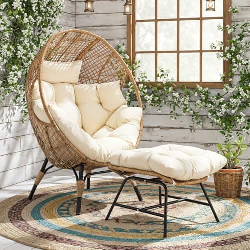 NICESOUL Wicker Egg Chair with Ottoman, Indoor Outdoor Egg Basket Lounge Chair w/Cushion, Oversized Egg Seat with Legs 440 Lbs, Comfy Cozy Boho Style Nest Chair w/Footrest for Patio, Balcony, Beige