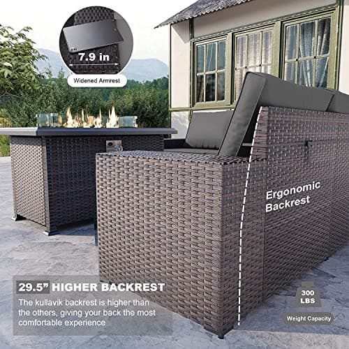 Kullavik 13 Pieces Outdoor Patio Furniture Set with 43" 55000BTU Gas Propane Fire Pit Table PE Wicker Rattan Sectional Sofa Patio Conversation Sets,Grey