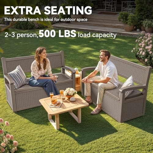 YITAHOME 70 Gallon Storage Bench Deck Box, Lockable Patio Bench, Waterproof Outdoor Pool Deck Storage for Patio Cushions, Garden Tools and Pool Supplies, Light Brown