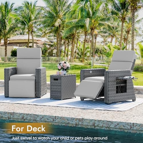 Outdoor Recliner Patio Chair, All-Weather Wicker Furniture Reclining with Air Pump, 150° Lay-Flat Position, Extended Footrest, Flip-Up Side Table, Removable Gray Olefin Cushions