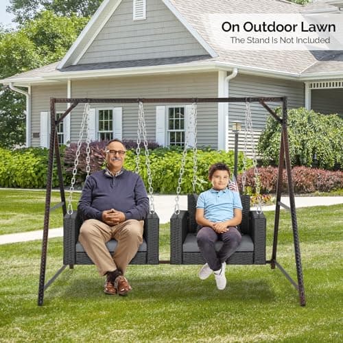 VINGLI 2.2 FT 1-Person Use Rattan Porch Swing Outdoor Support 440 LBS with Cushions & Adjustable Chains, Patio Wicker Swing Bench Chair for Garden, Yard, Lawn, Tree, Black