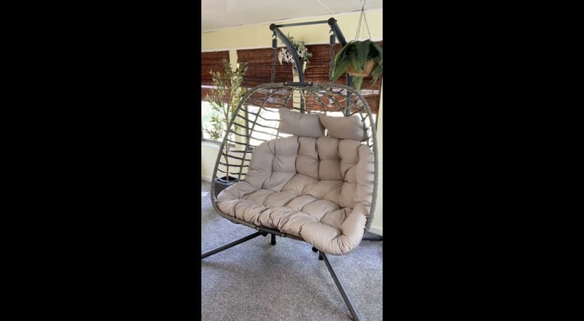 2 Person Hanging Egg Chair with Stand for Outdoor, Patio Hand Made Rattan Wicker Double Egg Swing Chairs Hammock Chair with UV Resistant Cushion and Metal Frame, Porch Swing Loveseat for Backyard