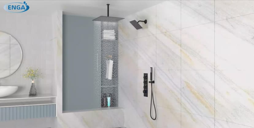 Enga Thermostatic Dual Head Shower System, 16" + 6" Dual Rainfall Shower System (Can All Run Together & Volume Adjustable) Dual Shower Head Combo Set, Brushed Nickel