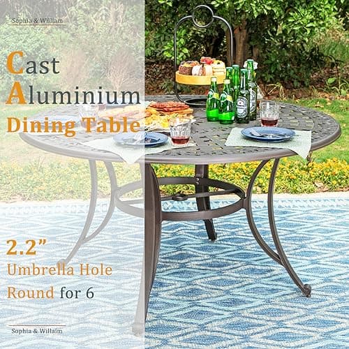 Sophia & William Outdoor Dining Table 6-Person Round Cast Aluminium, Patio Bistro Table with 2.2" Umbrella Hole for Porch Backyard, Bronze