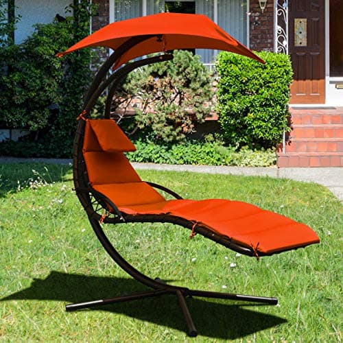 Giantex Hanging Chaise Lounger Chair, Arc Stand Porch Swing Chair w/Canopy, Cushion Built-in Pillow, Outdoor Freestanding Swing Hammock Chair for Patio Poolside Backyard Garden (Orange)