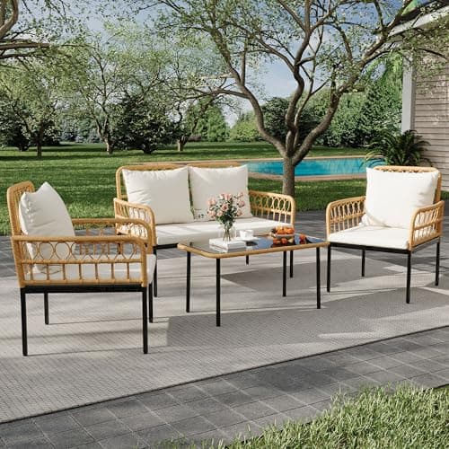 IDEALHOUSE 4-Piece Outdoor Patio Furniture Set, All-Weather PE Rattan Wicker Loveseat & Chairs with Glass Coffee Table & Steel Frame, Boho Conversation Set for Patio, Balcony, Backyard, Beige