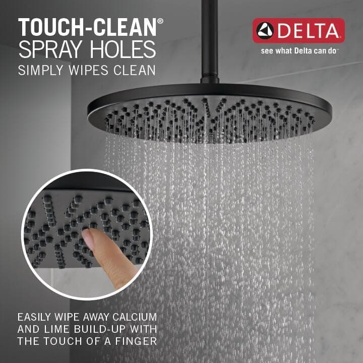 Delta Matte Black Round Rain Shower Head, 12 Inch Metal Large Shower Head Rainfall, Overhead Rain Showerhead, 2.5 GPM Flow Rate, Matte Black 52158-BL25