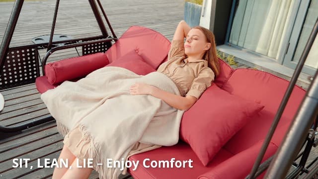 3 in 1 Outdoor Porch Swing with Adjustable Canopy, 3 Seat Outdoor Swing for Adults, Patio Swing Chair with Thickened Cushions,Pillows & Cup Holders for Backyard, Porch, Garden (Wine Red)
