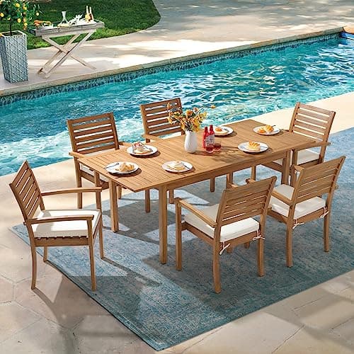 OC Orange-Casual Stackable Patio Dining Chairs Set of 4, Outdoor Acacia Wooden Chairs w/Armrest & Removeable Fabric Cushion, for Porch, Backyard, Garden, Indoor, Beige