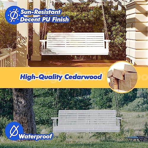 VINGLI Upgraded Patio Wooden Porch Swing for Courtyard & Garden, Heavy Duty 880 LBS Swing Chair Bench with Hanging Chains for Outdoors (5 FT, White)