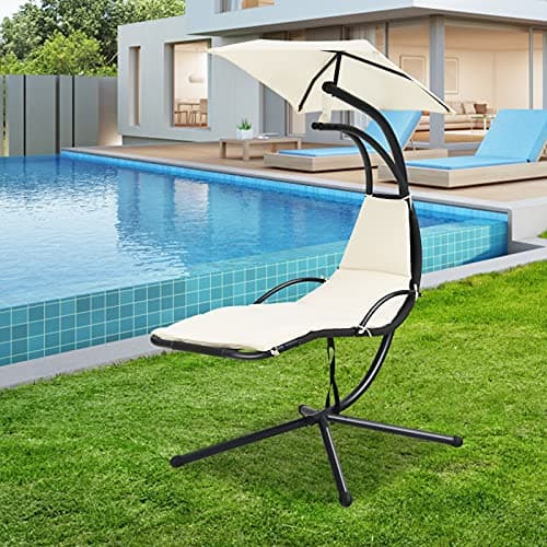 Giantex Outdoor Hanging Chaise Lounge Chair, Patio Hammock Chair with Removable Canopy, Cushion & Anti-toppling Rope, Hanging Arc Chaise Hammock for Patio Poolside Backyard Garden Porch (Beige)