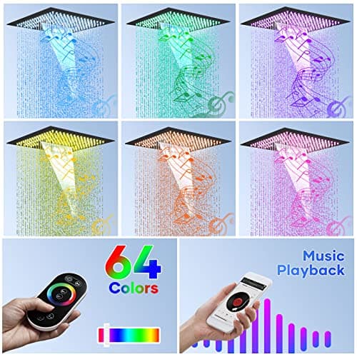 Smart Shower System with Body Jets, Black Shower Head and Handle Set,16" Ceiling Mount Rainfall Waterfall Shower Jets System with Tub Spout,Thermostatic Shower System Bathroom with Music and Led Light