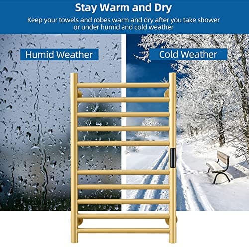 Gold Heated Towel Warmer Radiator Bathroom Accessories, Built-in Timer Temperature Control 10 Bars Electric Heated Towel Racks for Bathroom, Stainless Steel Towel Warmer Drying Rack, (Hardwired)