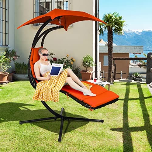 Tangkula Hanging Chaise Lounge, Arc Stand Floating Hammock Swing Chair w/ Canopy and Built-in Pillow, Curved Steel Patio Lounge Chair, Freestanding Hammock Chair with Stand for Patio Backyard Garden