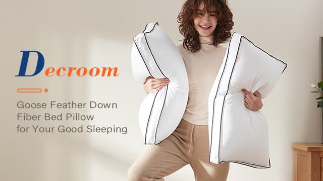 Decroom Goose Feather Down Pillows Queen Size Set of 2, Soft Pillows for Luxury Hotel Quality Gusseted Pillow 2 Pack, Bed Pillows for Sleeping, Breathable, Fluffy for Side, Back Sleepers