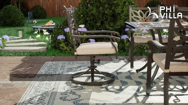 PHI VILLA Cast Aluminum Patio Dining Set for 6 Person, 7 Piece Outdoor Patio Set with 64" x 37" Cast-Top Aluminum Table(2.3" Umbrella Hole), 4 Dining Chairs and 2 Swivel Rockers with Seat Cushions