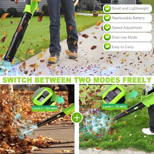 2025 Upgrade Leaf Blower, Leaf Blower Cordless with 2*2.6AH Batteries and Fast Charger, 450CFM &150MPH and 2 Speed Mode, Lightweight Electric Leaf Blowers for Lawn,Yard, Leaves, Dust,Snow Care(Green)