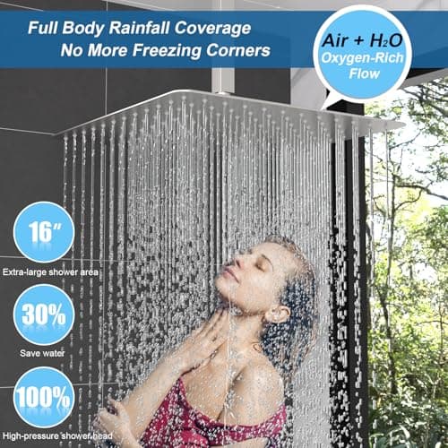 Enga Thermostatic Dual Head Shower System, 16" + 6" Dual Rainfall Shower System (Can All Run Together & Volume Adjustable) Dual Shower Head Combo Set, Brushed Nickel