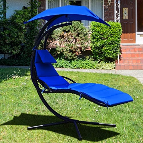 Giantex Hanging Chaise Lounger Chair, Arc Stand Porch Swing Chair w/Canopy, Cushion Built-in Pillow, Outdoor Freestanding Swing Hammock Chair for Patio Poolside Backyard Garden (Navy)