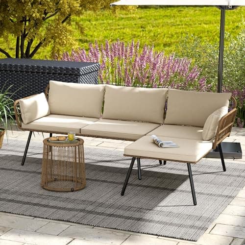 DWVO Patio Furniture Set 3 Piece Outdoor Wicker Conversation Set with Detachable Cushions and Coffee Table L-Shaped Sectional Sofa Set Outdoor Furniture Set for Backyard Porch Deck - Beige