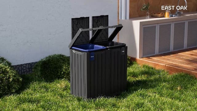 EAST OAK 62 Gallon Outdoor Trash Can | Waterproof Resin Garbage Can with Recycle and Garbage Labels | Secure Bag Lip Lock and Drip Tray | Outside Trash Bin for Patio | Kitchen, Backyard or Deck | Gray