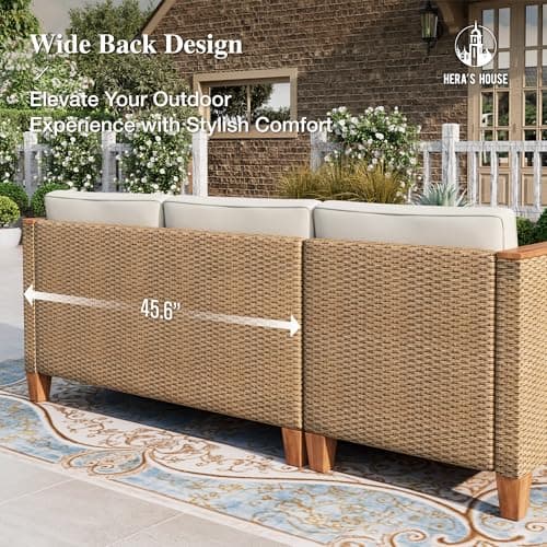 HERA'S HOUSE Small Patio Furniture Set, All Weather 3 Pieces Wicker Outdoor Sectional Set,Yellow Rattan Conversation Set with Lounge Sofa and Coffee Table for Lawn, Garden