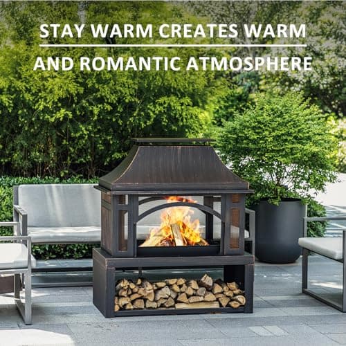 39" Fire Pits with Wood Storage for Outside, Large Wood Burning Outdoor Fireplace with Chimney, Mesh Spark Screen & Fire Poker, Idea for Backyard, Patio, Party, Camping, Picnic