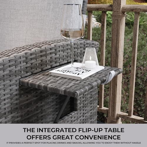 Outdoor Wicker Recliner Chair, Patio Recliner with Independently Adjustable Backrest and Footrest, All-Weather PE Wicker Patio Reclining Lounge Chair with Flip-Up Table Air Pump 155° Lay Flat