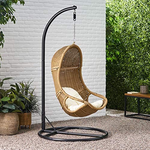 Christopher Knight Home Marcus Outdoor Wicker Hanging Chair with Stand, Light Brown and Beige