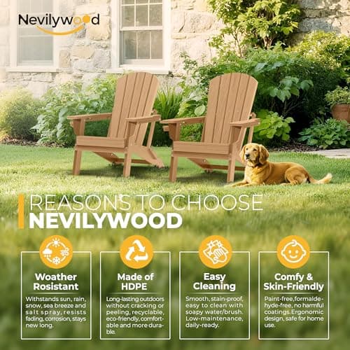 nevilywood Folding Adirondack Chair - Extended Ergonomic Backrest, Cup Holder - Easy Assembly - Durable HDPE Plastic, Weather Resistant & Maintenance-Free - Lawn, Patio, Deck Supports 400lbs Teak