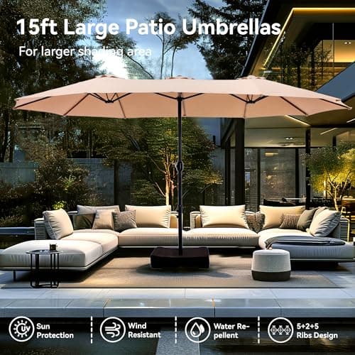 PHI VILLA 15ft Large Patio Umbrellas with Base Included, Outdoor Double-Sided Rectangle Market Umbrella with Stand, Outside Umbrellas for Poolside Lawn Backyard, Beige