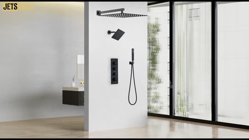 16" Thermostatic Dual Rainfall Head Shower System with Handheld & Valve, 16-Inch Shower Faucet Set with 6-Inch Shower Head, JetsBath Matte Black Full Body Shower System for Couples/2-Person