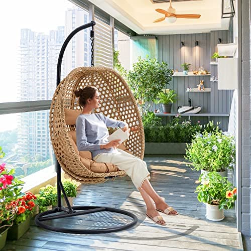 Hanging Egg Chair with Stand & Cushions, Outdoor and Indoor Hammock Rattan Swing Chair 350 lbs Capacity with Aluminum Steel Frame for Patio, Balcony, Backyard and Living Spaces (Light Brown)