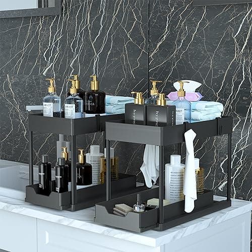 2 Pack Under Sink Organizer, 2 Tier Bathroom Cabinet Organizer with Sliding Basket, Multi-Purpose Under Sink Organizers and Storage for Bathroom Kitchen
