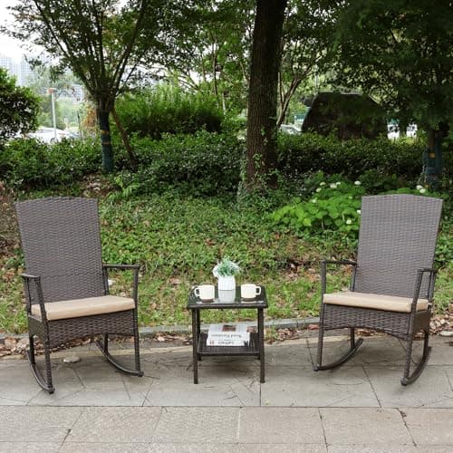 Outdoor Rocking Chair 3 Pieces High-Backed Rocking Chair Patio Rocking Chairs Outdoor Table, Khaki