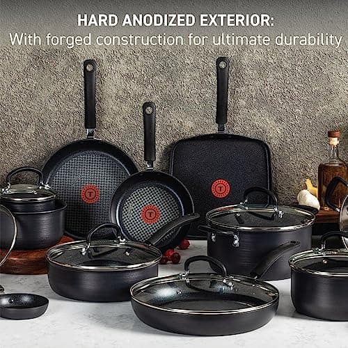 T-fal Ultimate Hard Anodized Nonstick Cookware Set 17 Piece, Oven Broiler Safe 400F, Lid Safe 350F, Kitchen Cooking Set w/Fry Pans, Saucepans, Saute Pan, Griddle, Pots and Pans, Dishwasher Safe Black