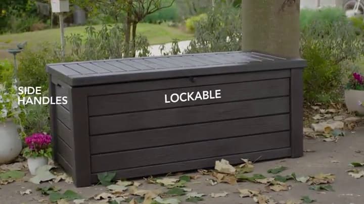 Keter Outdoor Storage Deck Box, 150 Gallon Resin Patio Bin & Bench, Wood Grain, Brown